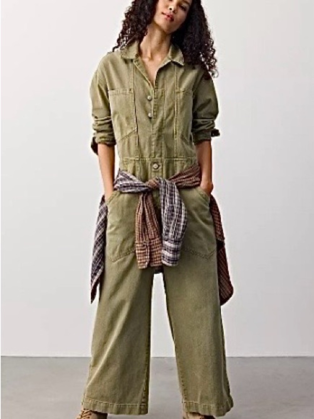 Free People Olive Utility Wide-Leg Coverall Jumpsuit